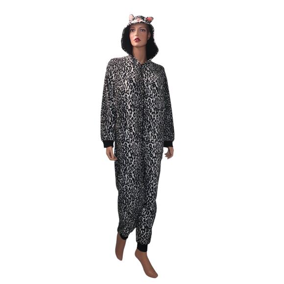 Nick & Nora Cat Footless Pajamas Fleece One Piece Zip Size Medium - Picture 2 of 8